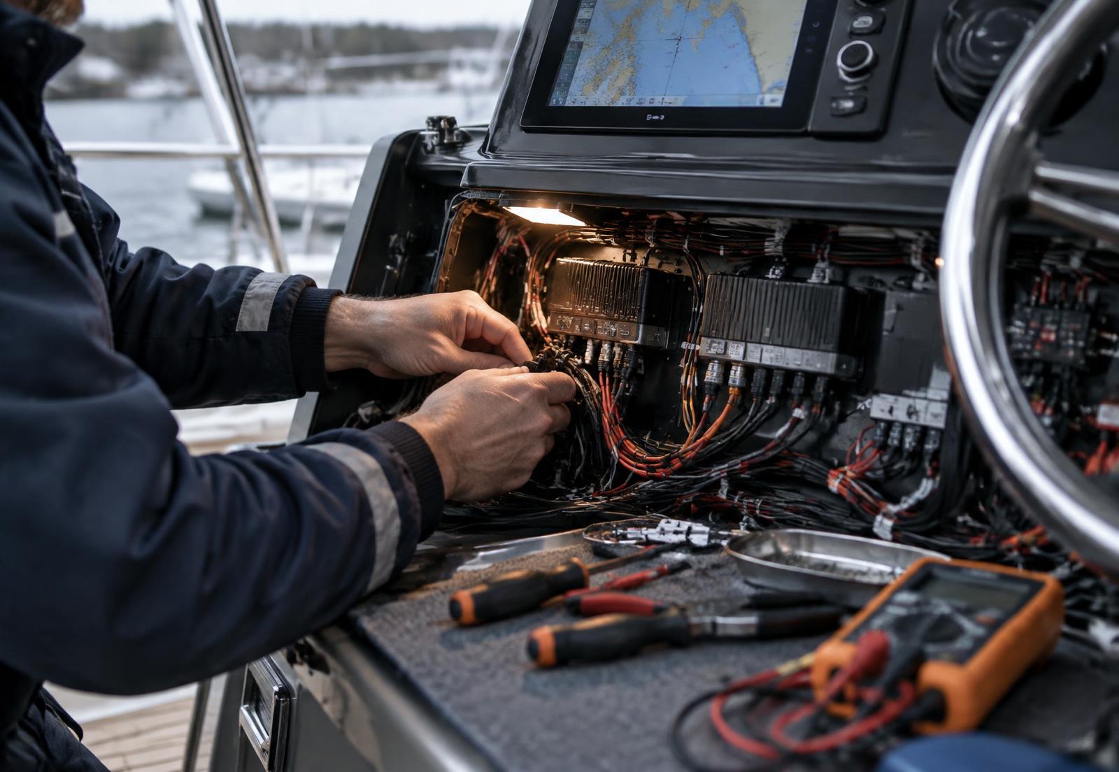 Technikas montuoja katerio navigacijos ir elektros įrangą
